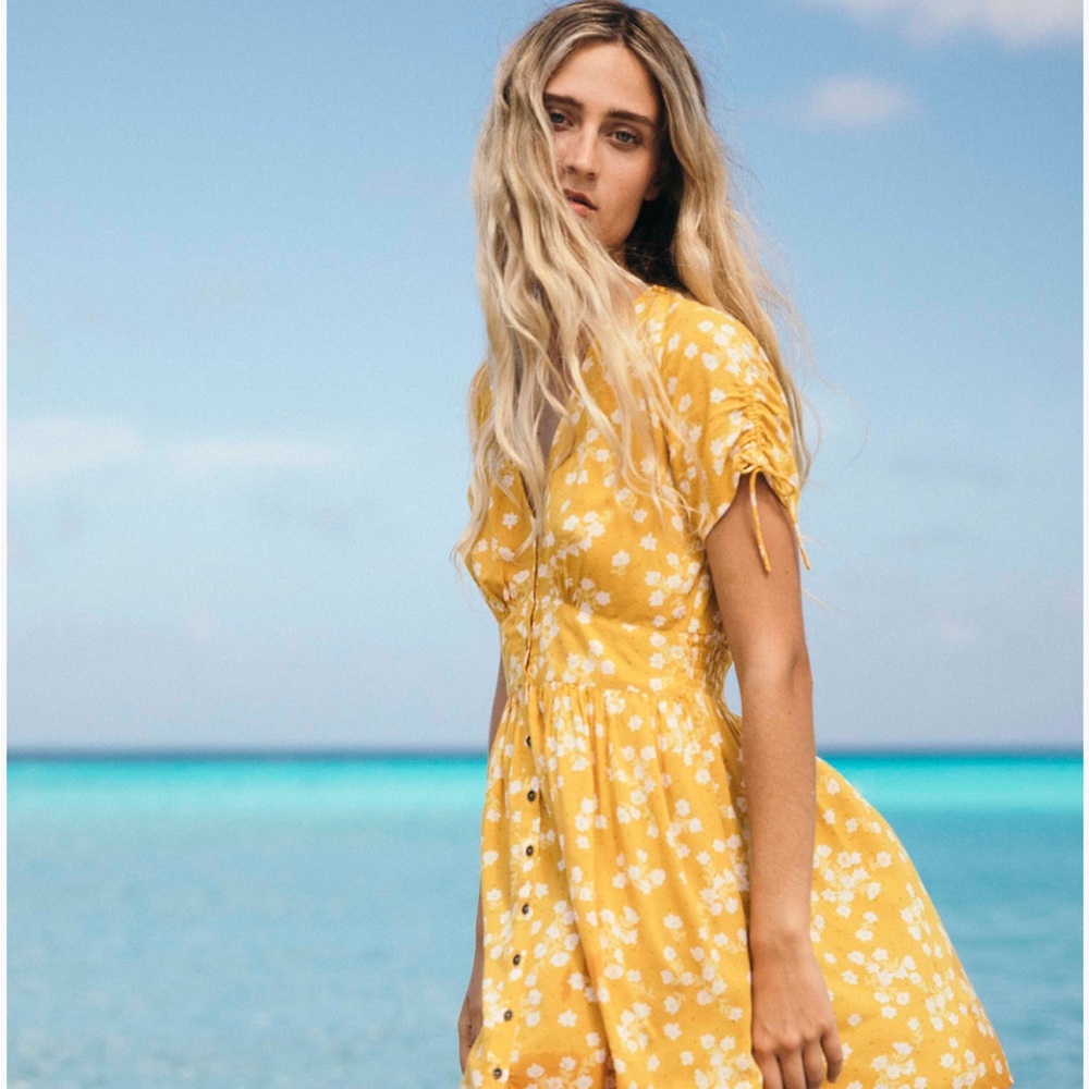 Billabong Medium Mustard Floral Button Front Mini Dress Smocked Waist Boho - Picture 7 of 7